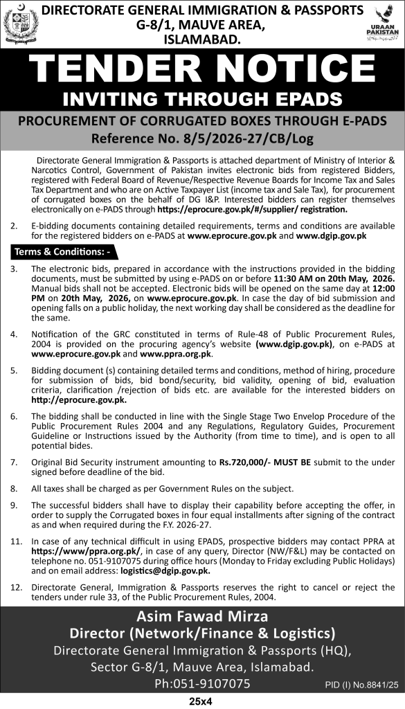 8841 PROCUREMENT OF CORRUGATED BOXES
